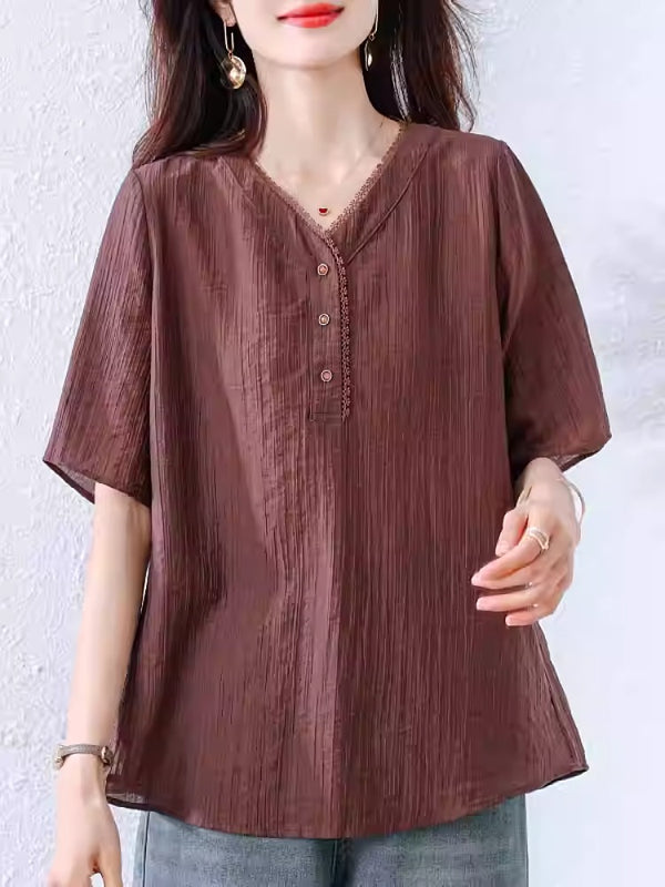 Plus Size Brown Textured V-Neck Tunic Blouse