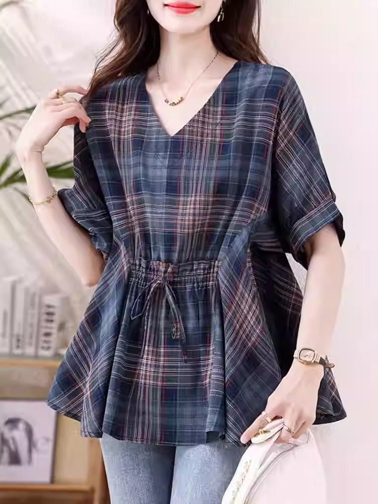 Plus Size Blue Check V-Neck Peplum Blouse