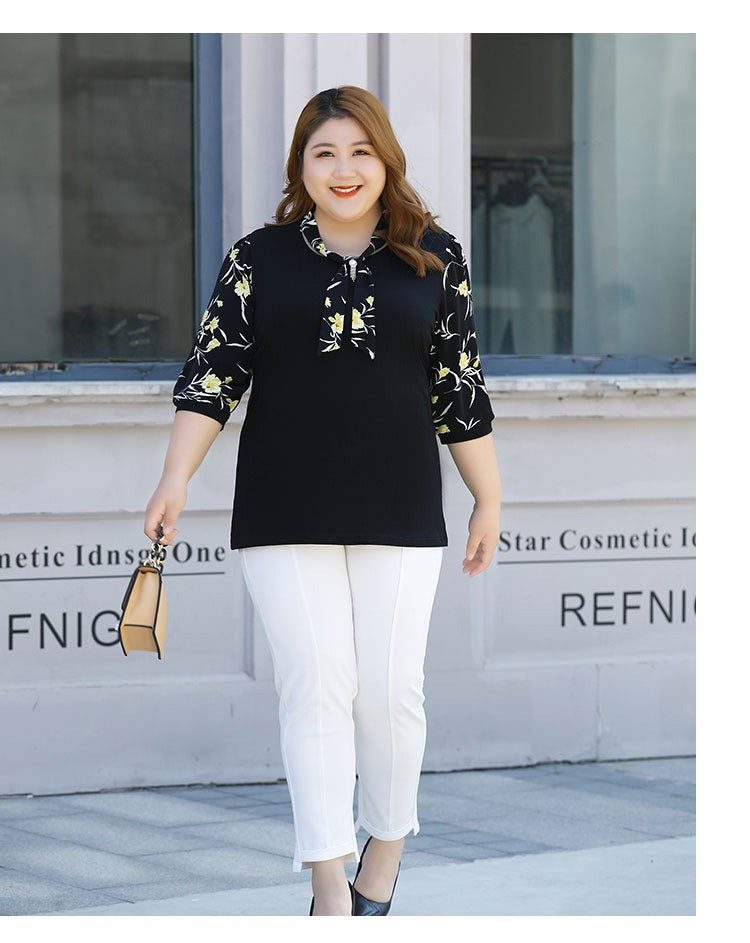 Plus Size Floral Chiffon Sleeve Tie Neck Top – Black (EXTRA BIG SIZE)