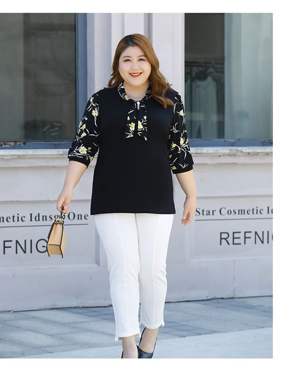 Plus Size Floral Chiffon Sleeve Tie Neck Top – Black (EXTRA BIG SIZE)