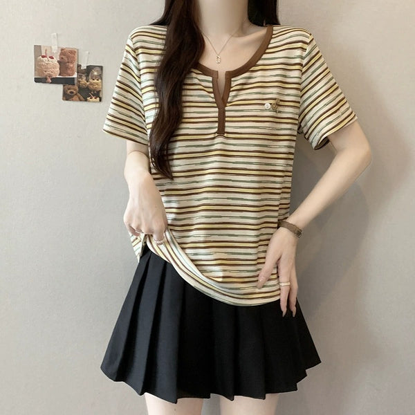 Plus Size Stripes Henley Tee