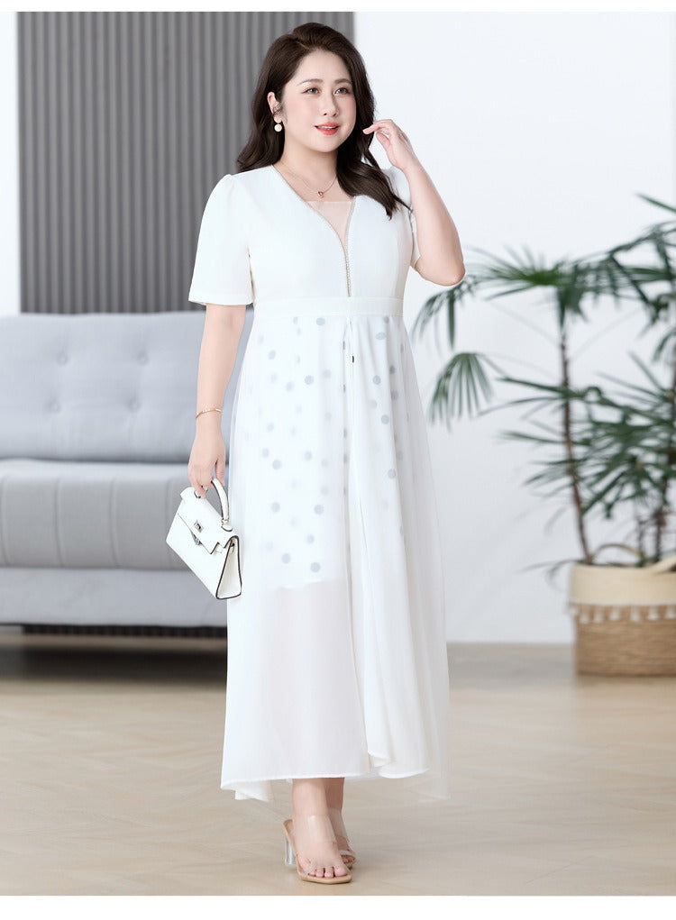Extra Length Model Plus Size Polka Dot Chiffon Short Sleeve Dress (EXTRA BIG SIZE ...