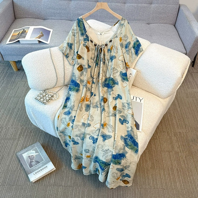 Plus Size Vintage Ink Print Dress (EXTRA BIG SIZE)