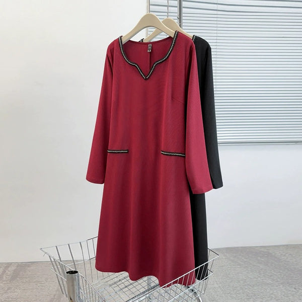 Plus Size Notch Neck Long Sleeve Dress (EXTRA BIG SIZE)
