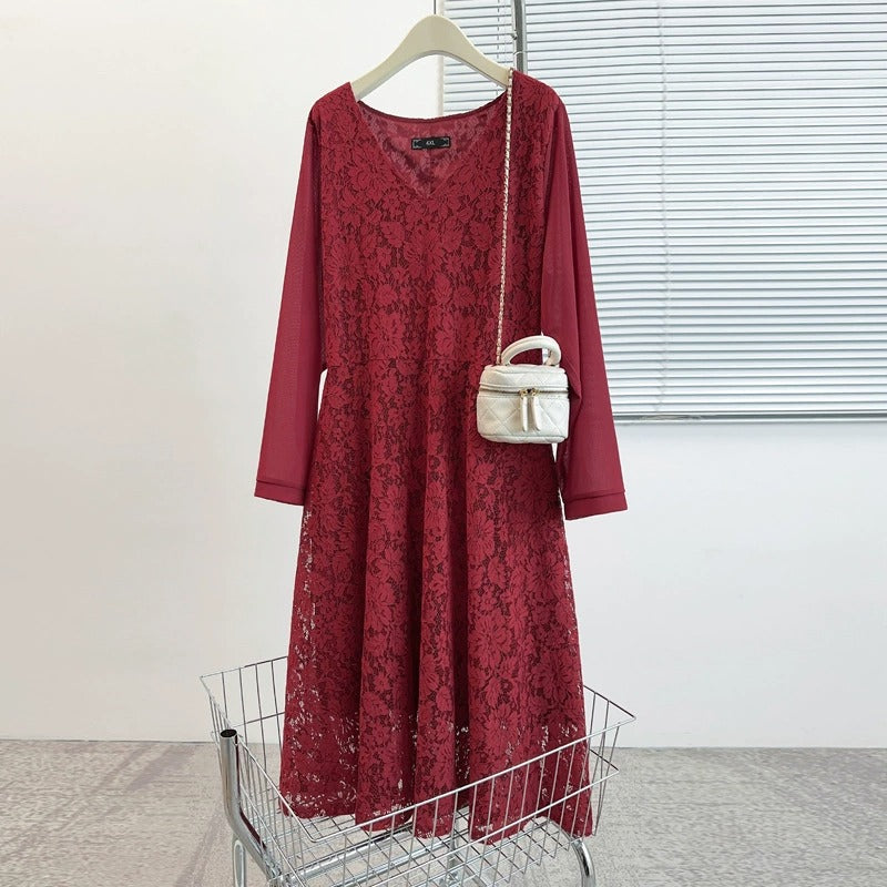 Plus Size Lace V Neck Long Sleeve Dress (EXTRA BIG SIZE)