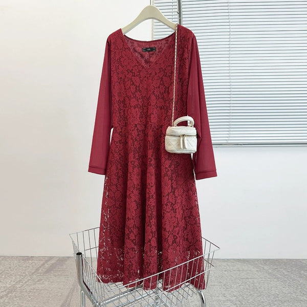 Plus Size Lace V Neck Long Sleeve Dress (EXTRA BIG SIZE)