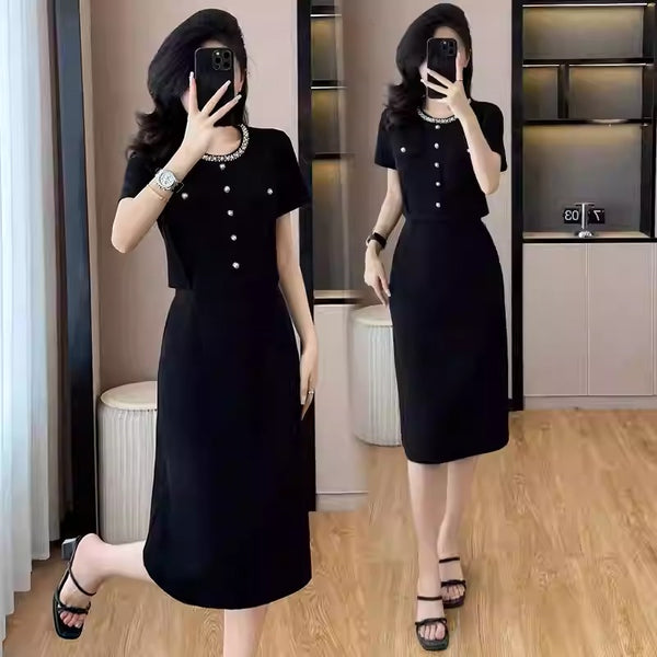 Plus Size Chanel-esque Black Round Neck Pencil Dress