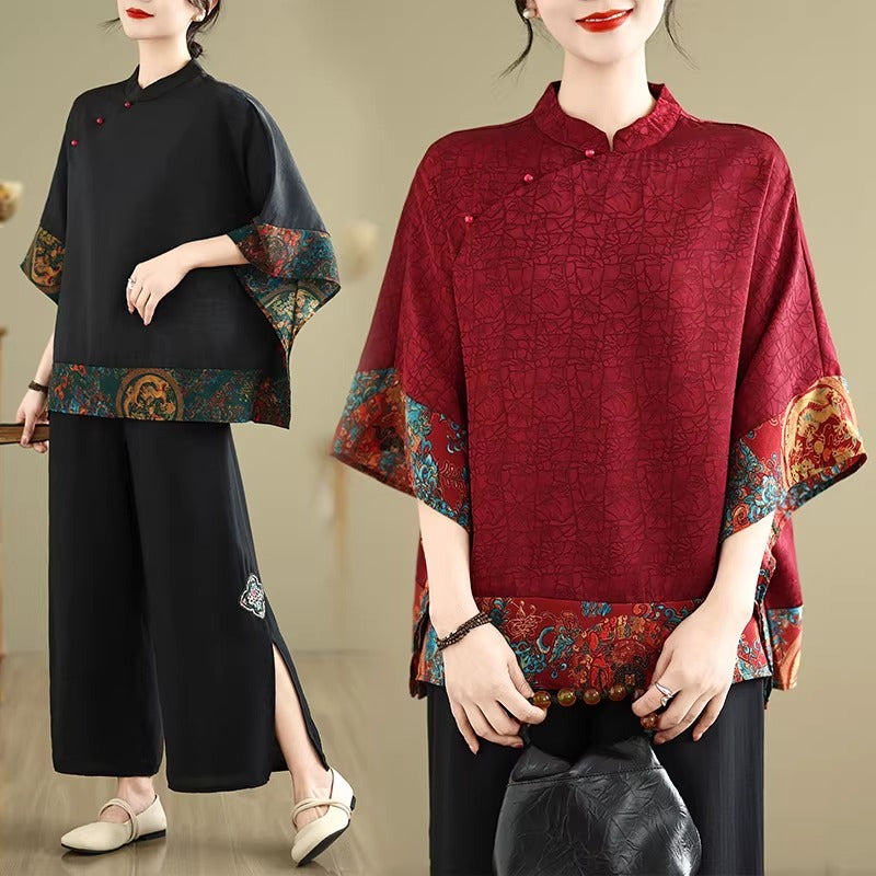 Plus Size Mandarin Collar Batwing Sleeve Qipao Tunic Top