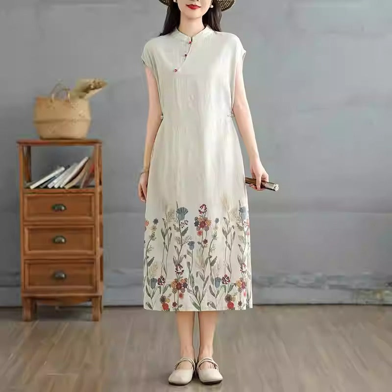 Plus Size Modern Casual Floral Hem Qipao Midi Dress