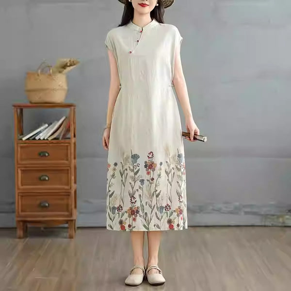 Plus Size Modern Casual Floral Hem Qipao Midi Dress