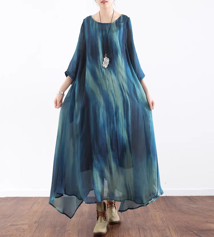 Plus Size Blue Tie Dye Flowing Chiffon Maxi Dress