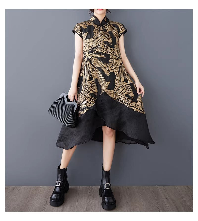 Plus Size Gold Modern Qipao Asymmetric Hem Midi Dress