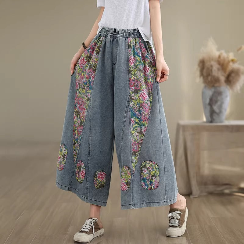 Plus Size Patchwork Floral Wide Leg Denim Pants
