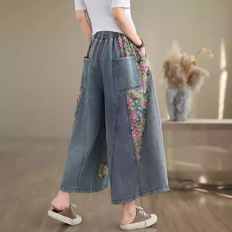 denim wide-leg casual patchwork python pants | wide... Plus Size Patchwork Floral Wide Leg Denim Pants – Pluspreorder