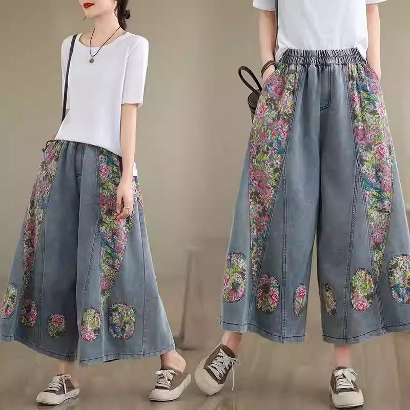 Plus Size Patchwork Floral Wide Leg Denim Pants – Pluspreorder
