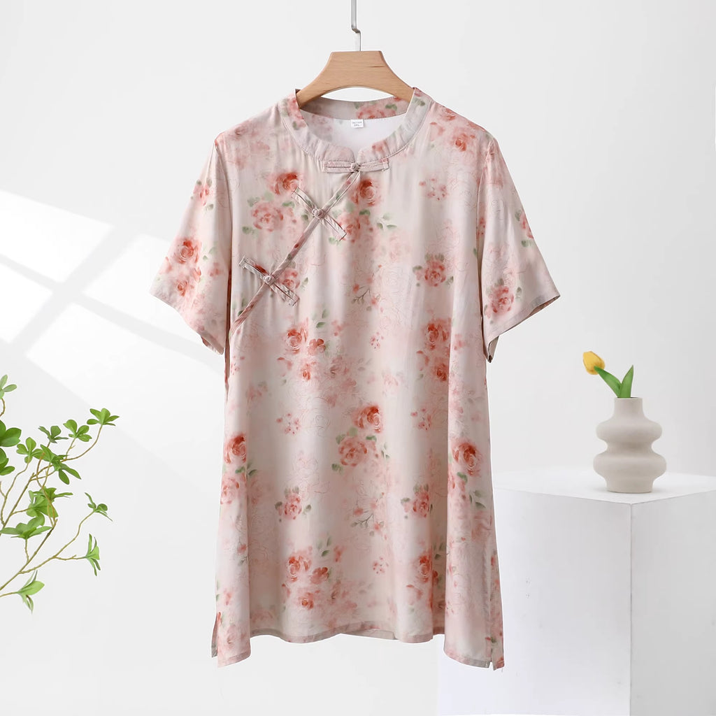 Plus Size Mandarin Collar Printed Qipao Tunic Top