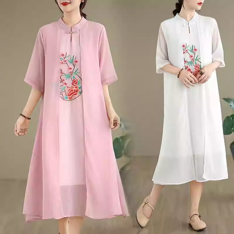 Plus Size Embroidered Qipao Layered Midi Dress