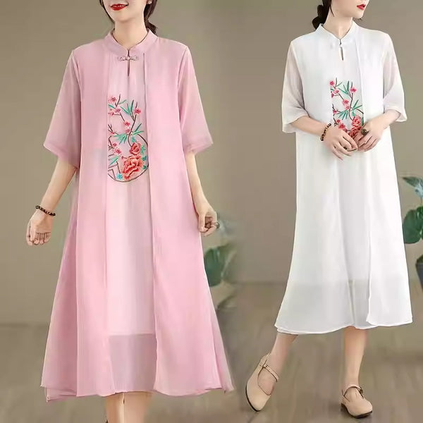 Plus Size Embroidered Qipao Layered Midi Dress