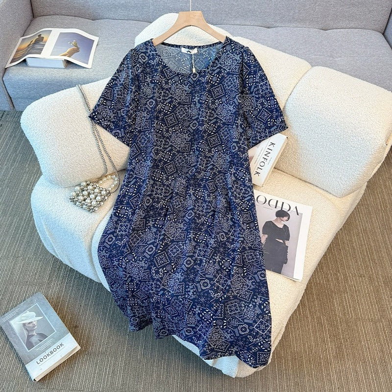 Plus Size Bohemian Print Short Sleeve Dress (EXTRA BIG SIZE)