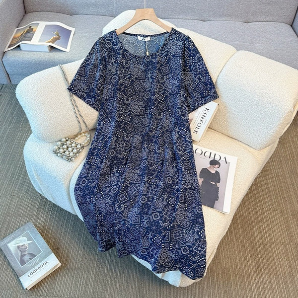 Plus Size Bohemian Print Short Sleeve Dress (EXTRA BIG SIZE)