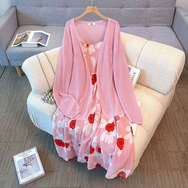Plus Size Pink Knit Cardigan & Floral Babydoll Dress Set (EXTRA BIG SIZE)