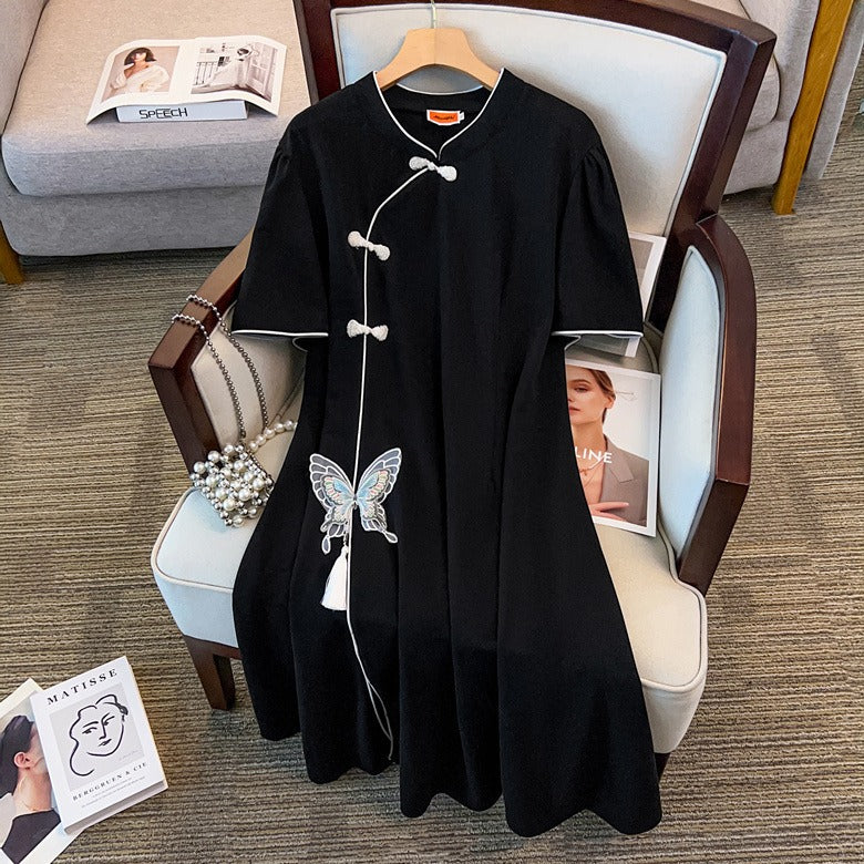 Plus Size Black Butterfly Appliqué Qipao Dress (EXTRA BIG SIZE)