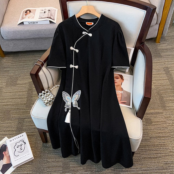 Plus Size Black Butterfly Appliqué Qipao Dress (EXTRA BIG SIZE)