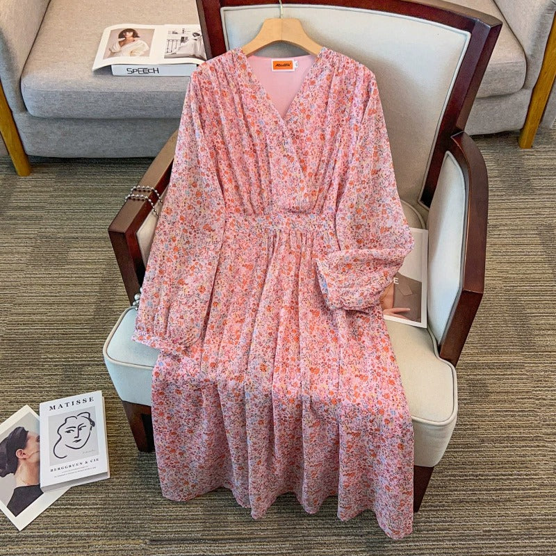 Plus Size Pink Ditsy Floral Wrap Chiffon Midi Dress (EXTRA BIG SIZE)