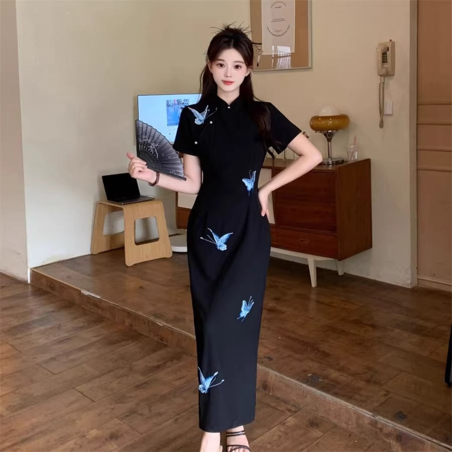 Plus Size Black Butterfly Modern Qipao Dress