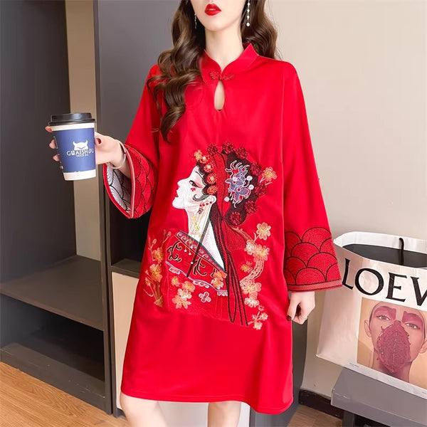 Plus Size Oriental Print Shift Qipao Dress