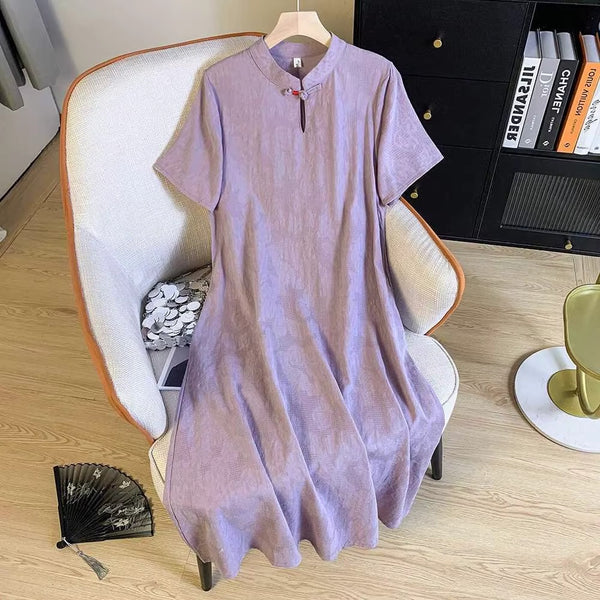 Plus Size Simple Solid Colour Short Sleeve Cheongsam Dress (EXTRA BIG SIZE)