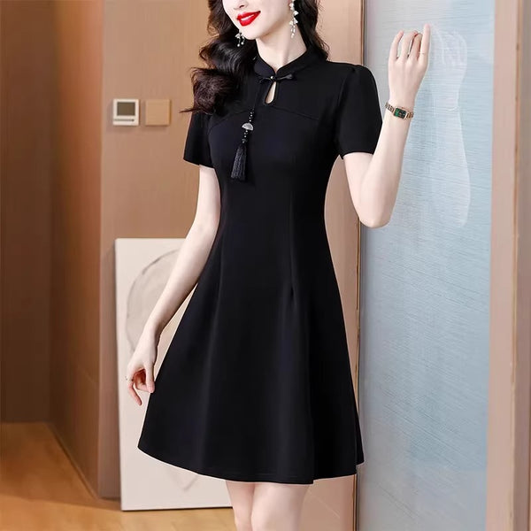 Plus Size Black A-Line Short Sleeve Cheongsam Dress (EXTRA BIG SIZE)