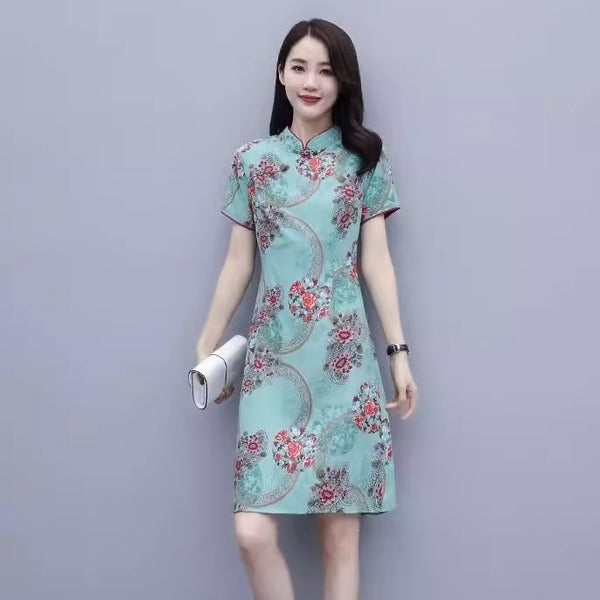 Plus Size Green Oriental Print Shift Cheongsam Dress (EXTRA BIG SIZE)