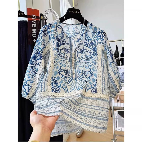 Plus Size Chinese Porcelain ¾ Sleeve Tunic (EXTRA BIG SIZE)