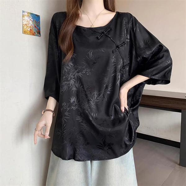 Plus Size Oriental Jacquard Batwing Tunic Blouse (EXTRA BIG SIZE)