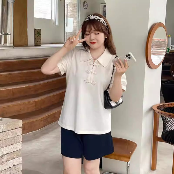 Plus Size Modern Beige Short Sleeve Qipao Blouse (EXTRA BIG SIZE)