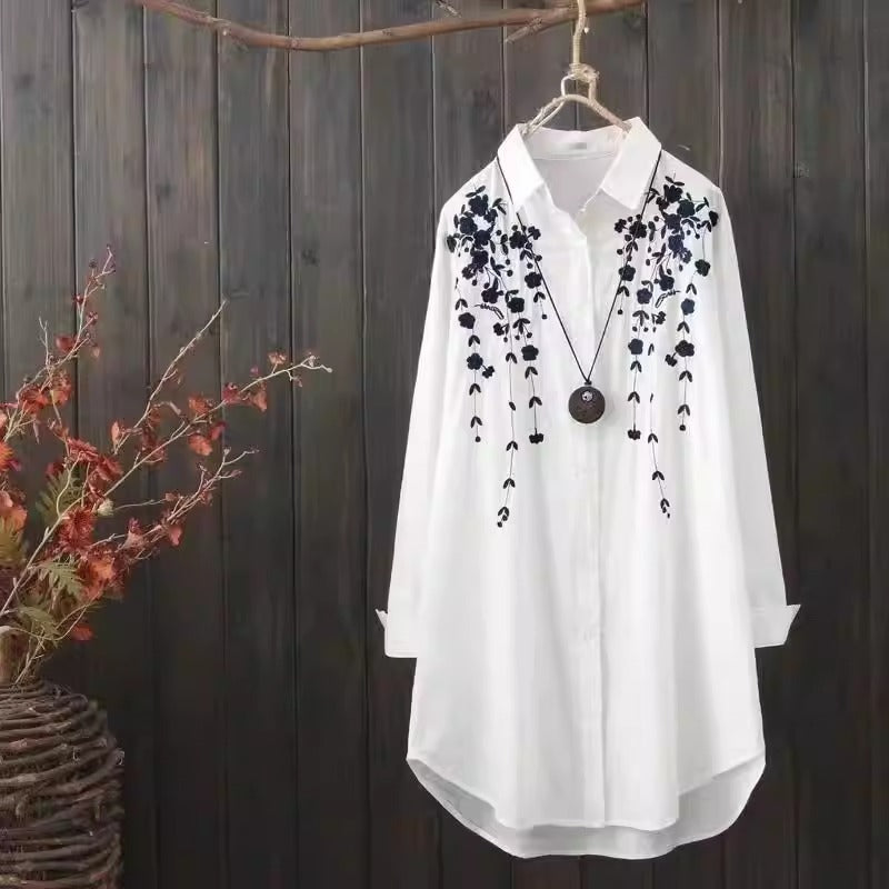 Plus Size Cherry Blossom Embroidered Long Sleeve Tunic Shirt (Muslimah Friendly)