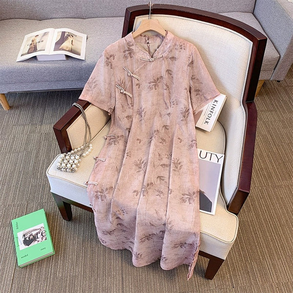 Plus Size Pink Leaves Modern A-Line Cheongsam Dress (EXTRA BIG SIZE)