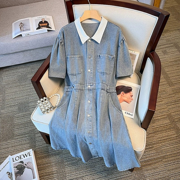 Plus Size A-Line Short Sleeve Denim Shirt Dress (EXTRA BIG SIZE) Pluspreorder Plus Size A-Line Short Sleeve Denim Shirt Dress (EXTRA BIG SIZE) Pluspreorder