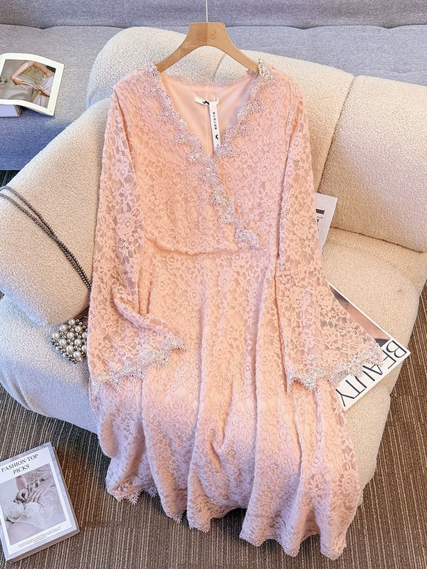 Plus Size Lace V-Neck Long Sleeve Formal Midi Dress (EXTRA BIG SIZE)