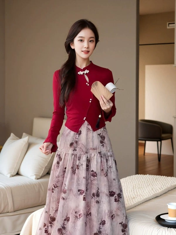 Plus Size Modern Red Qipao Top & Floral Midi Skirt Set (EXTRA BIG SIZE)
