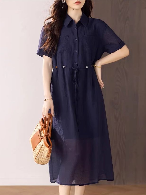 Plus Size Short Sleeve Midi Shirt Dress (Drawstring Waist)