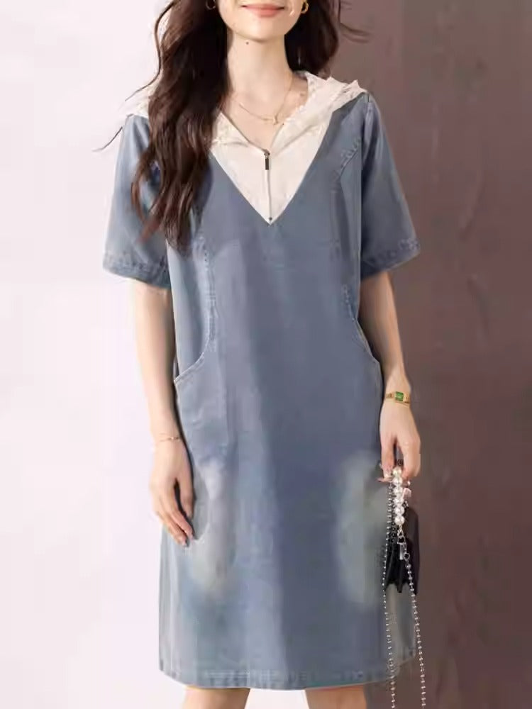 Plus Size Lace Hooded Denim Short Sleeve Dress
