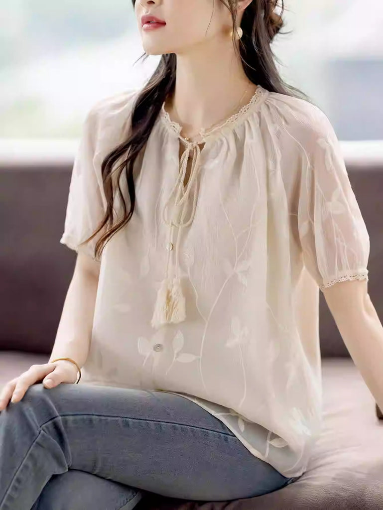 Plus Size Boho Embroidered Sheer Short Sleeve Blouse