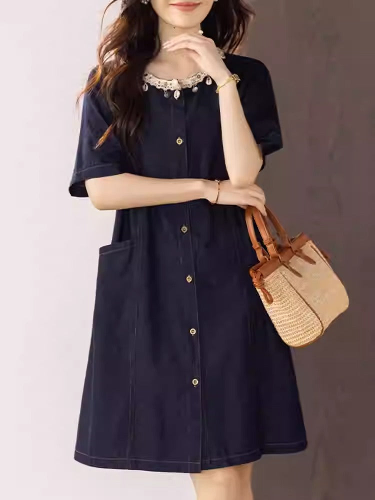 Plus Size Round-Neck Button-Through Denim Shift Dress (Pockets)