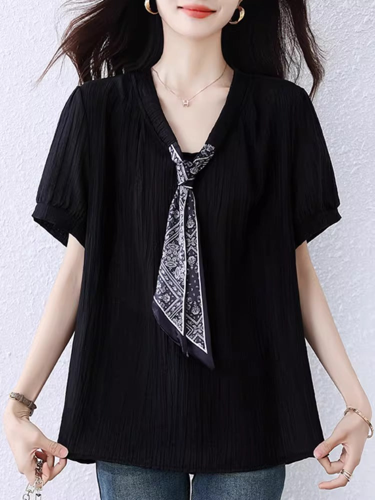 Plus Size Black Loose Short Sleeve Blouse with Scarf Ribbon
