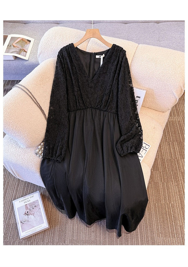 Plus Size Wrap Lace V-Neck Long Sleeve Midi Dress (EXTRA BIG SIZE)