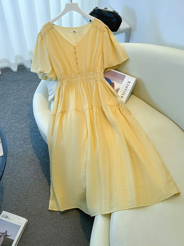 Plus Size Pastel Yellow V-Neck Short Sleeve Midi Dress (EXTRA BIG SIZE)