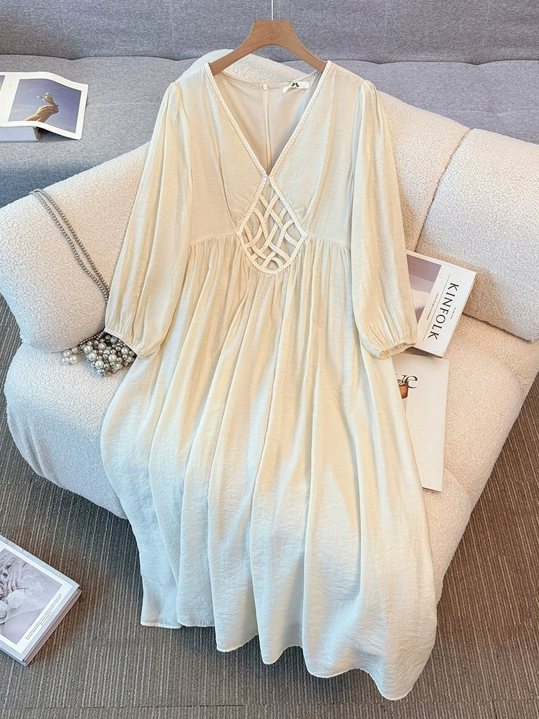 Plus Size Boho Cream Loose 3/4 Sleeve Midi Dress (EXTRA BIG SIZE)