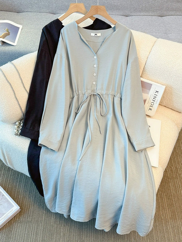 Plus Size V-Neck Button Long Sleeve Midi Dress (EXTRA BIG SIZE)